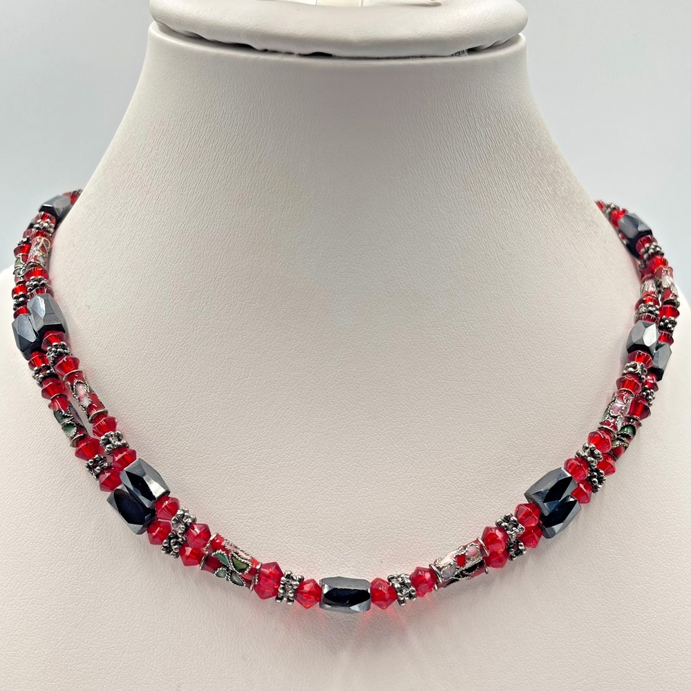 Vintage Y2K Red Crystal Hematite Black Glass Layered Beaded Statement Necklace